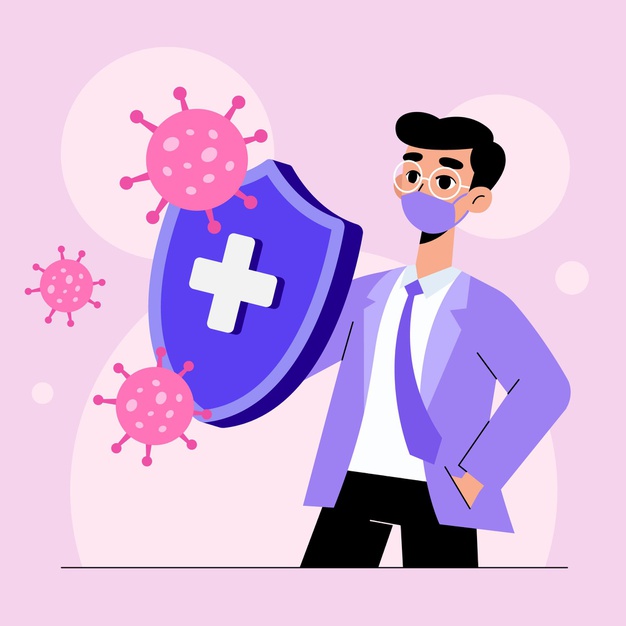 Ilustração colorida de um homem de terno e grava usando máscara e um escudo. Ele se protege de vírus.