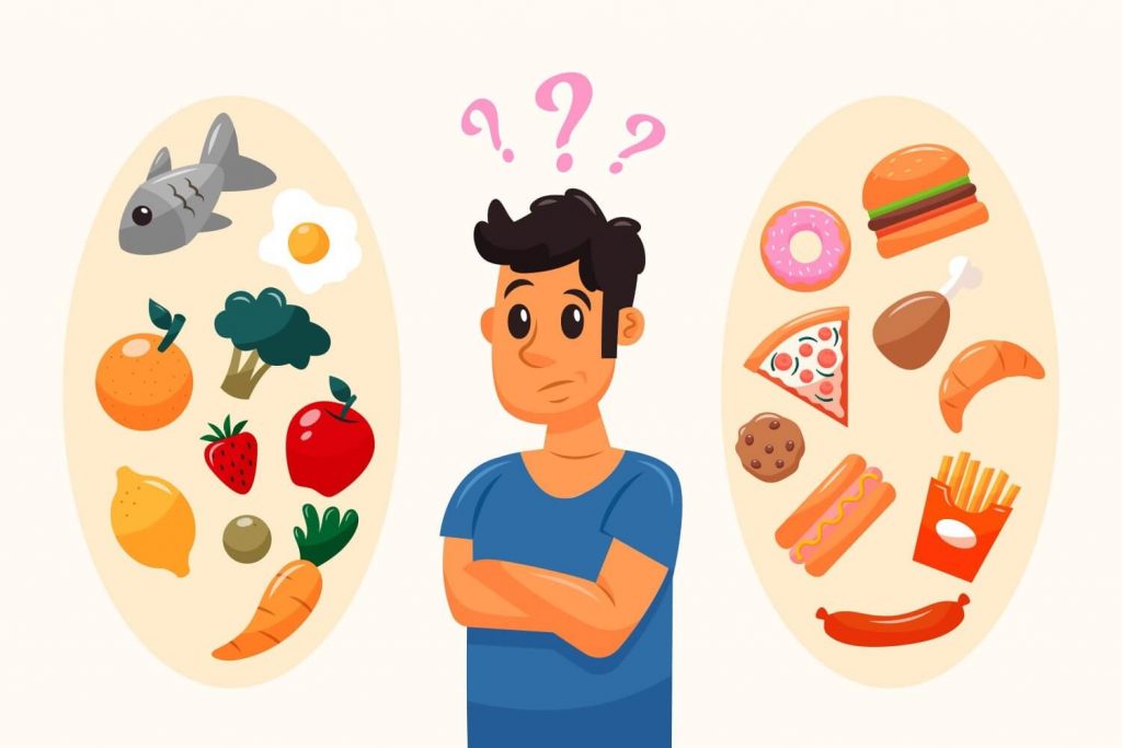 Ilustração colorida de um homem com diversas interrogações acima da cabeça. Ao lado esquerdo, várias comidas saudáveis. Ao lado direito, comidas gordurosas, açucaradas e salgadas.