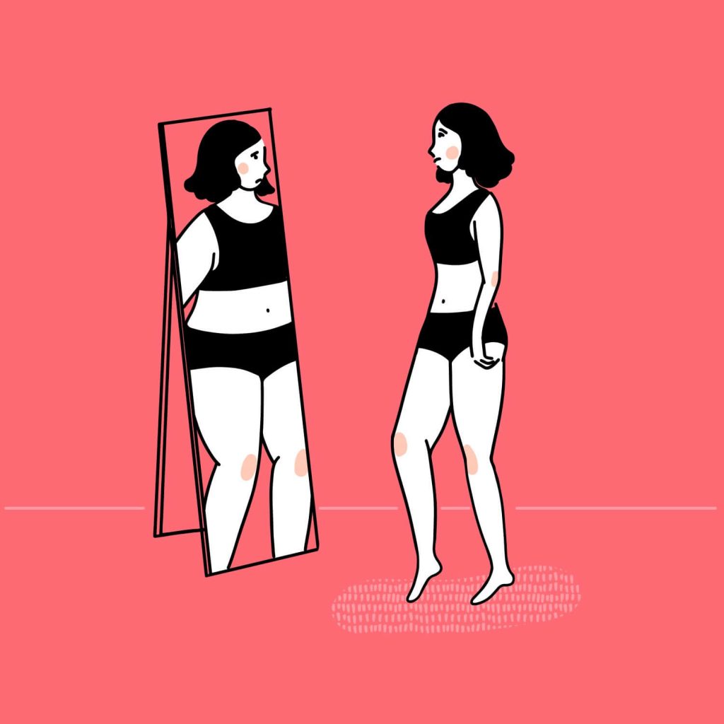 Ilustração de menina se olhando no espelho.